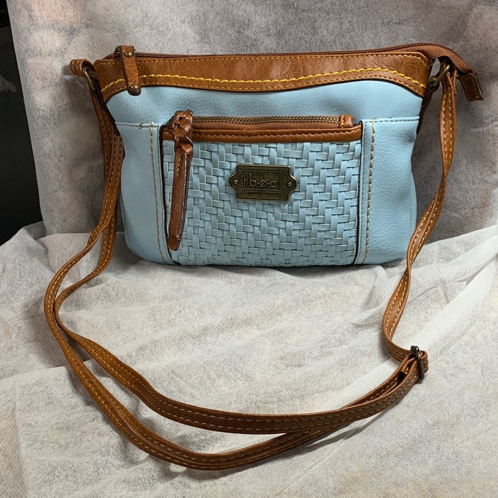 B.O.C  Born Concept Blue/Brown  Leather Crossbody Bag With Woven Front